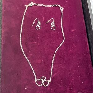 Triple Heart Silver Tone‎ Necklace and Earrings Set Jewelry Costume